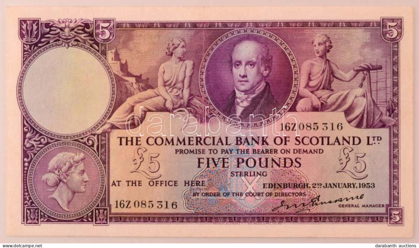 Skócia 1953. 5P "Commercial Bank Of Scotland" T:F Szép Papír Scotland 1953. 5 Pounds "Commercial Bank Of Scotland" C:F F - Non Classés