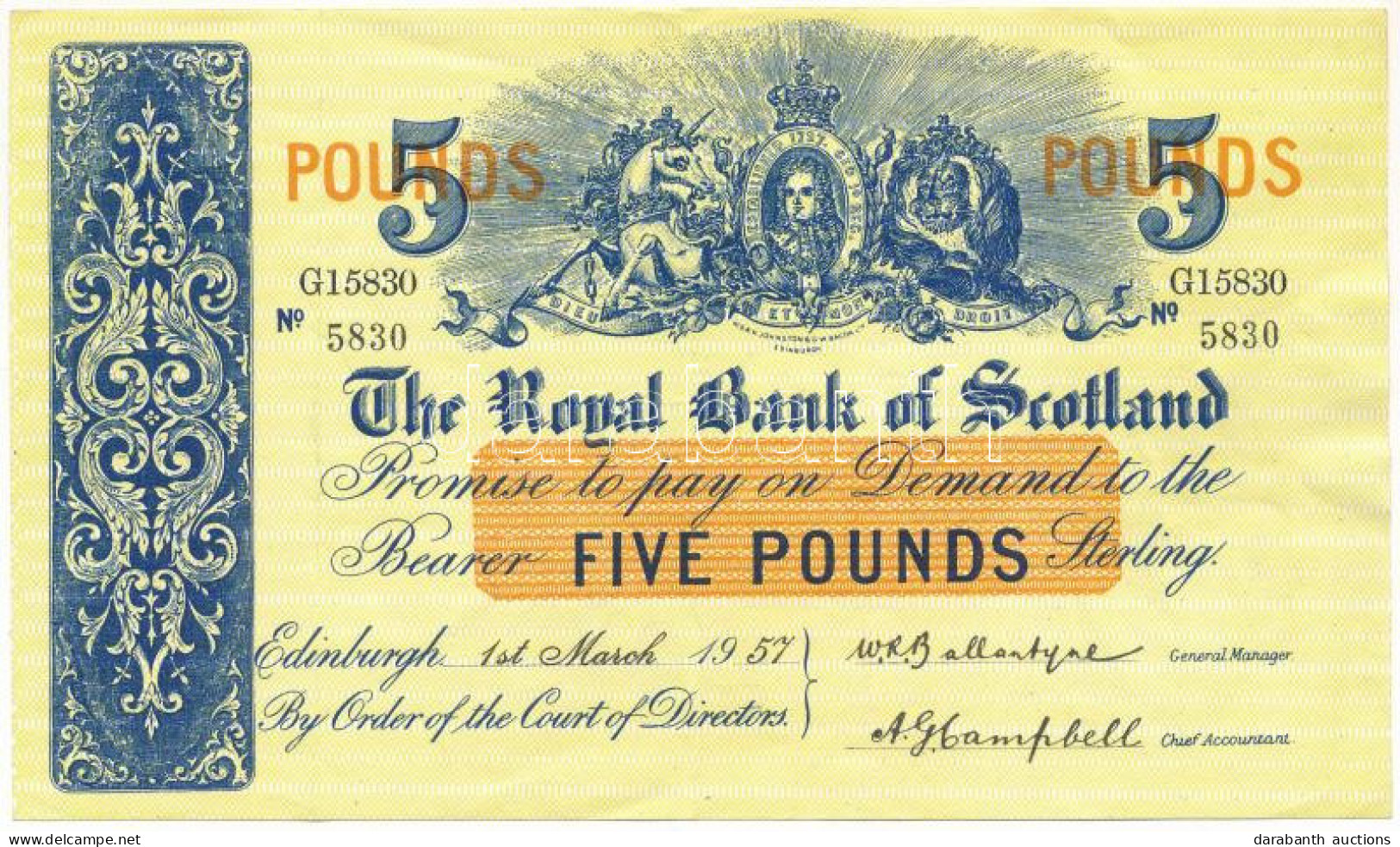 Skócia 1957. 5P "Royal Bank Of Scotland" T:F Szép Papír  Scotland 1957. 5 Pounds "Royal Bank Of Scotland" C:F Fine Paper - Non Classés