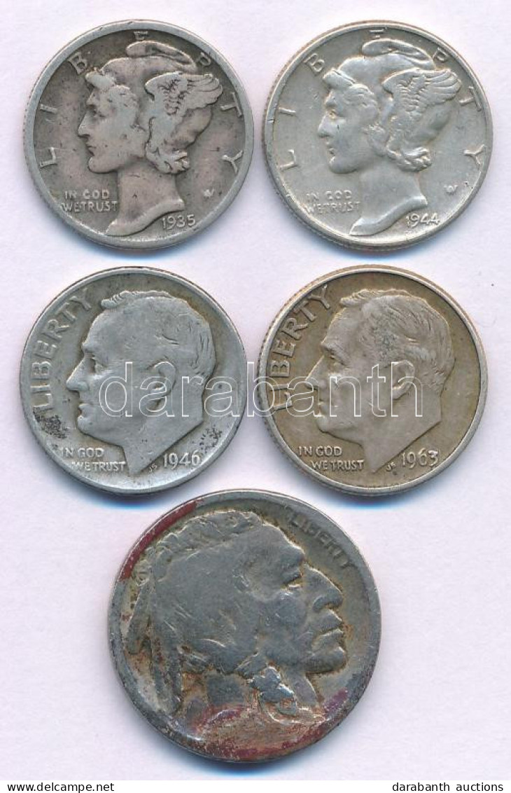 Amerikai Egyesült Államok 1913-1938. 5c Ni "Buffalo Nickel" (évszám Nem Látszik, D-verdejel) + 1935-1943. 1d Ag "Mercury - Ohne Zuordnung