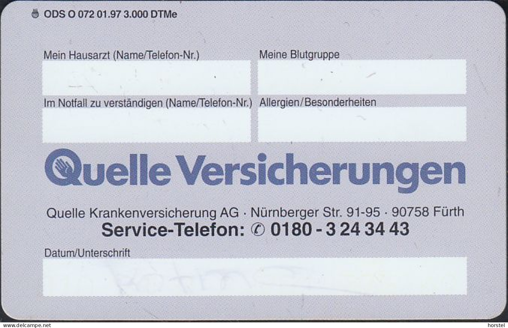 GERMANY O072/97 Quelle Versicherungen - Krankenhaus-Tagegeld - O-Series : Series Clientes Excluidos Servicio De Colección