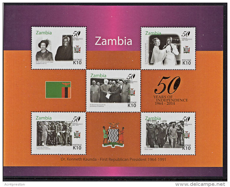 Zm9997b ZAMBIA 2014, 50th Anniv Independence (Issued 23-10-2014) MNH M-sheet - Zambia (1965-...)