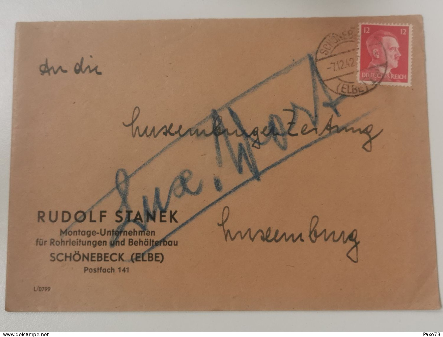 Enveloppe, Oblitéré Schonebeck 1942 Envoyé à Luxemburg - 1940-1944 Occupazione Tedesca