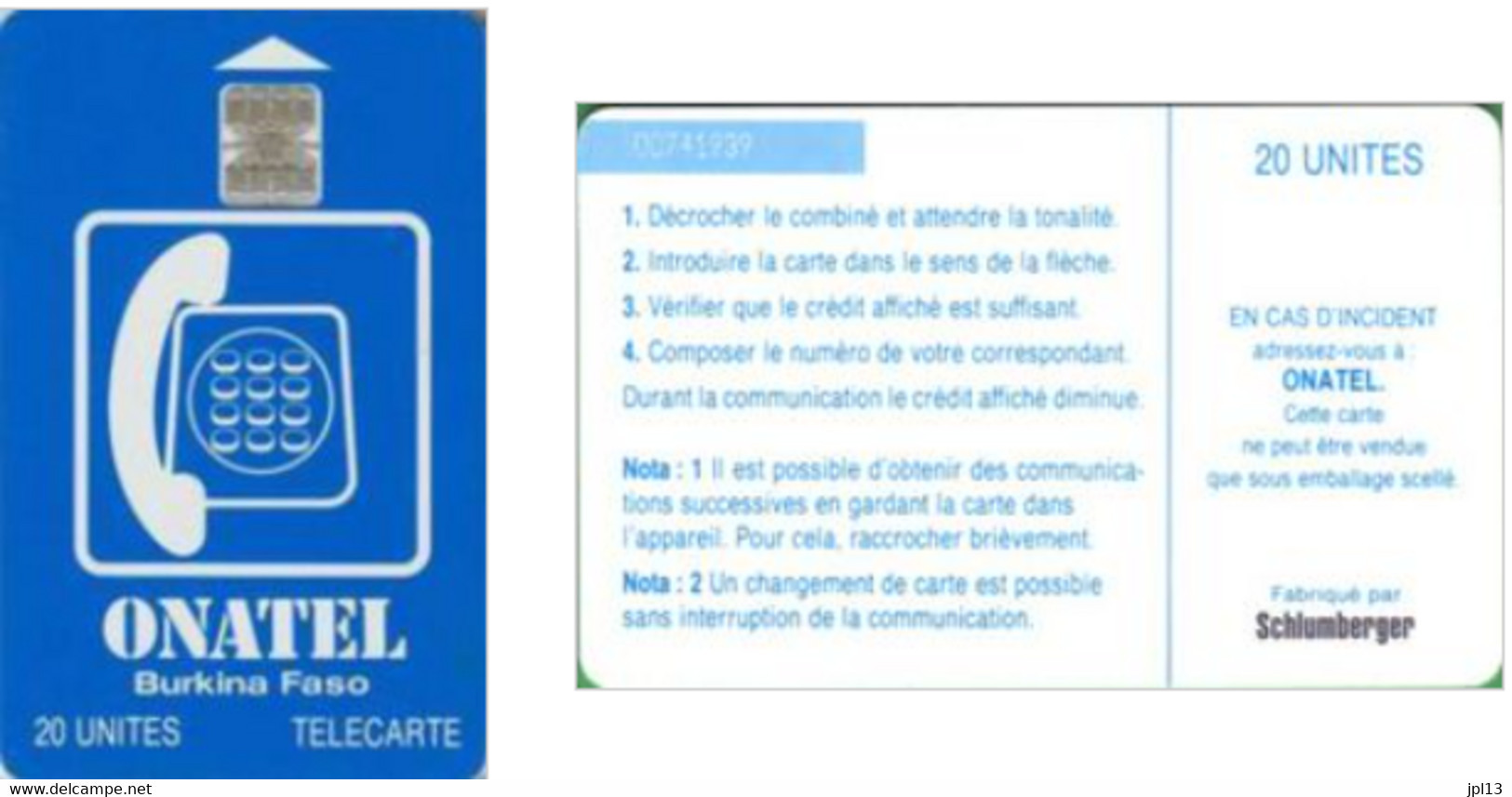 Télécarte Burkina-Faso Onatel Blue 20 (New Schlumberger Logo) - Burkina Faso