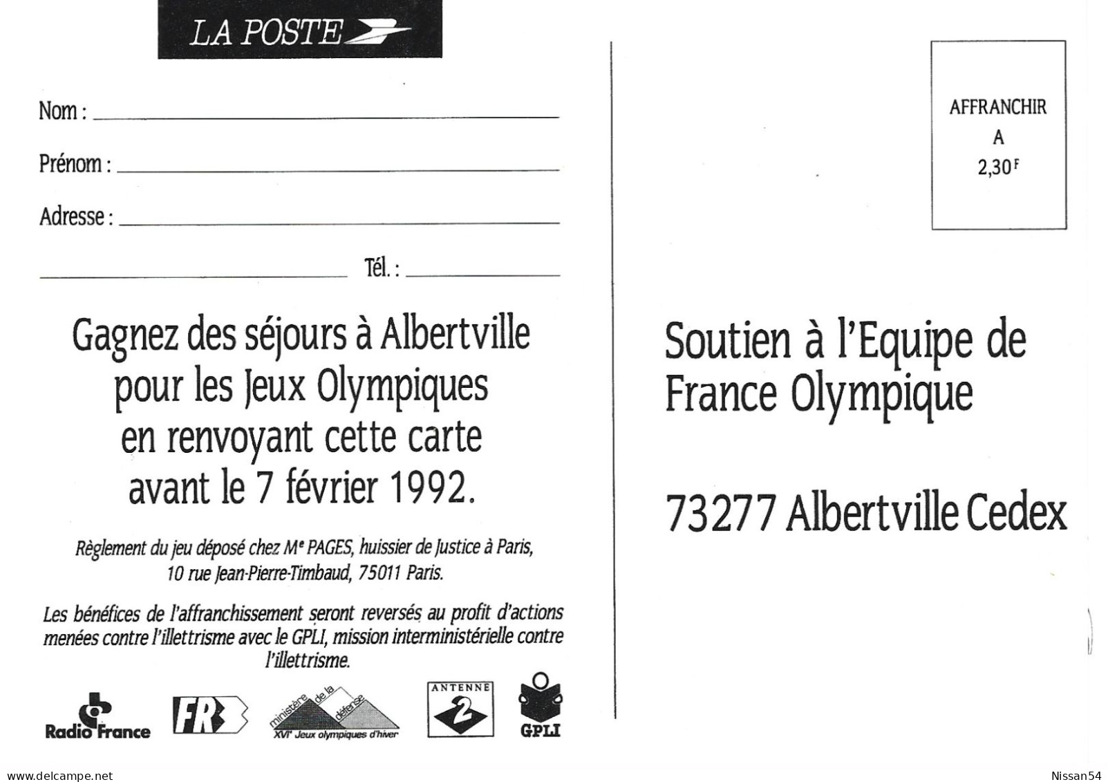 CPM "JE SOUTIENS L'EQUIPE DE FRANCE OLYMIQUE" - ALBERTVILLE - 1992 - LA POSTE - Jeux Olympiques