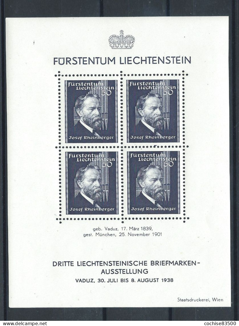 Liechtenstein Bloc N°3** (MNH) 1938 - Exposition Philatélique De Vaduz - Blocks & Sheetlets & Panes