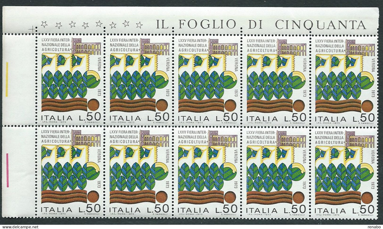 Italia 1973; Fiera Internazionale Dell'agricoltura A Verona, Blocco D' Angolo Di 10 Valori. - Blocs-feuillets