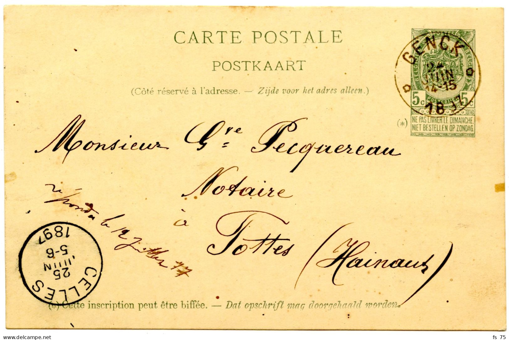 BELGIQUE - SIMPLE CERCLE RELAIS A ETOILES GENCK SUR ENTIER CARTE POSTALE 5C ARMOIRIES, 1897 - Postmarks With Stars