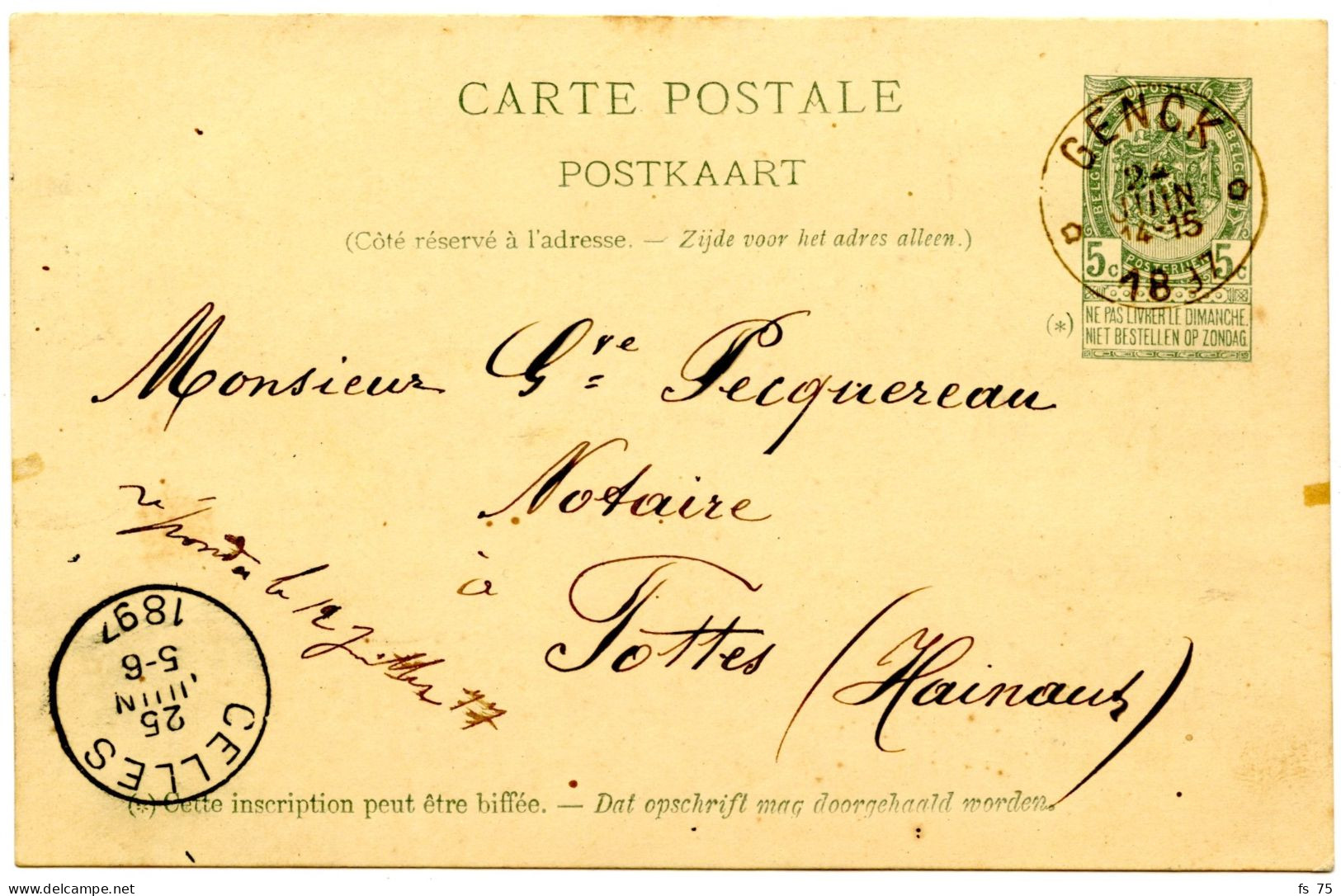 BELGIQUE - SIMPLE CERCLE RELAIS A ETOILES GENCK SUR ENTIER CARTE POSTALE 5C ARMOIRIES, 1897 - Sellos Con Estrellas