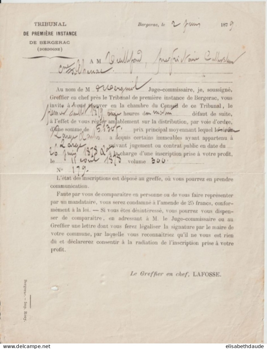 1879 - SAGE - LETTRE RECOMMANDEE De BERGERAC (DORDOGNE) => MARMANDE => RETOUR à L'ENVOYEUR - 1876-1898 Sage (Type II)