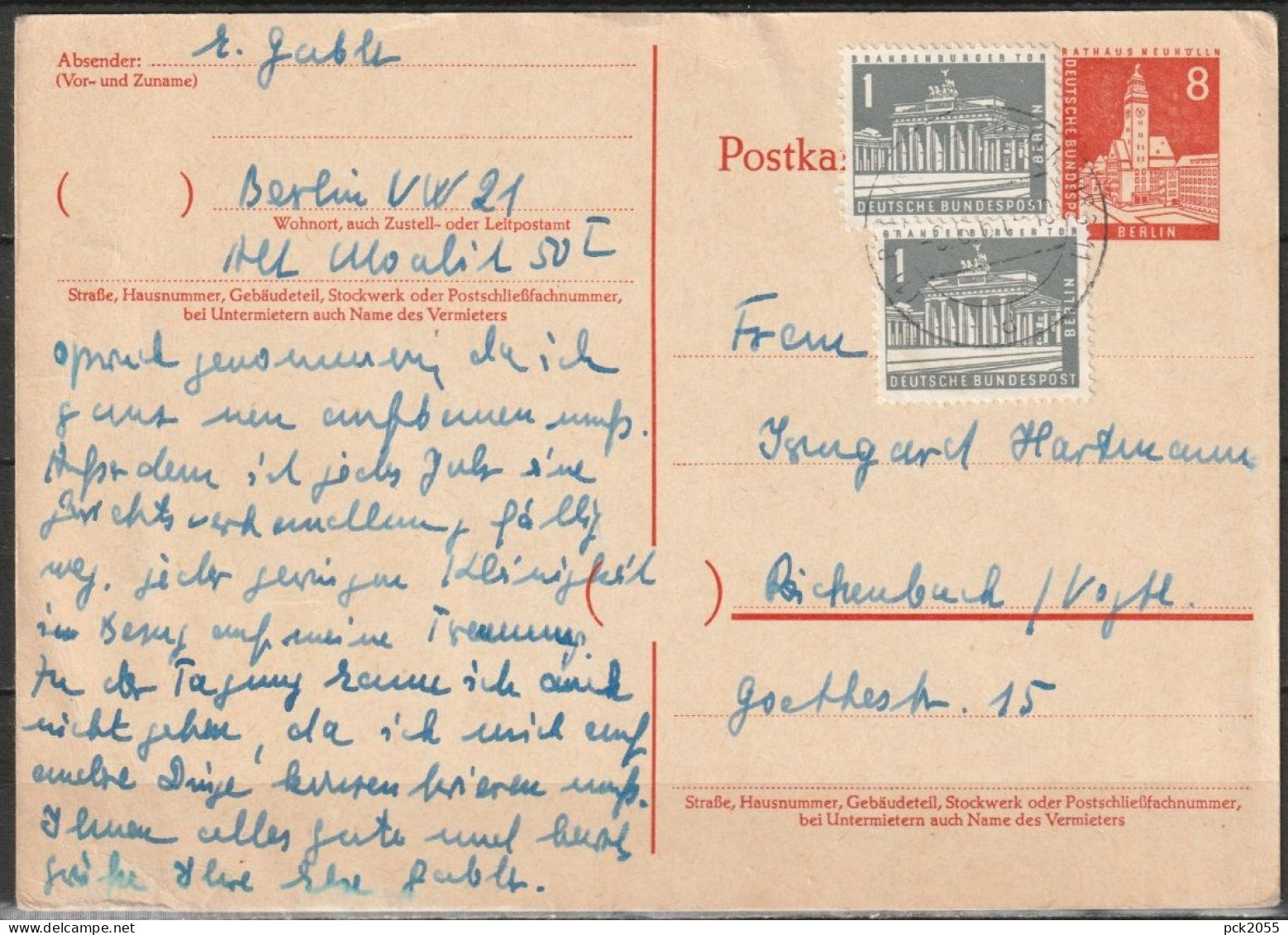 Berlin Ganzsache 1959 Mi.-Nr. P42 Zusatzfrankatur Stempel Berlin  ( PK 300 ) - Postkarten - Gebraucht