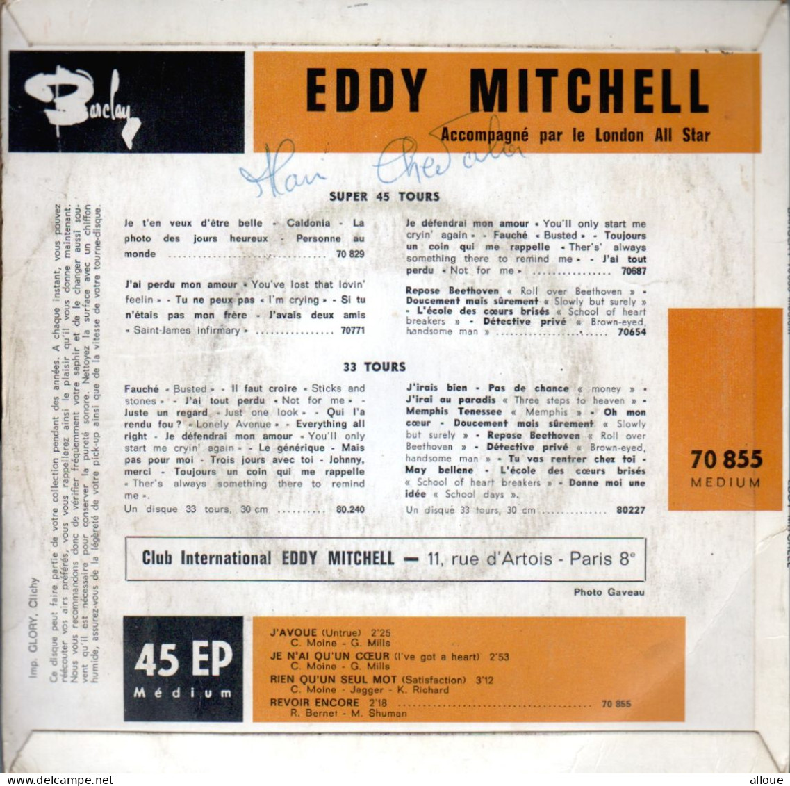 EDDY MITCHELL & THE LONDON ALL STARS - FR EP - RIEN QU'UN SEUL MOT (SATISFACTION-ROLLING STONES)  + 3 - Rock