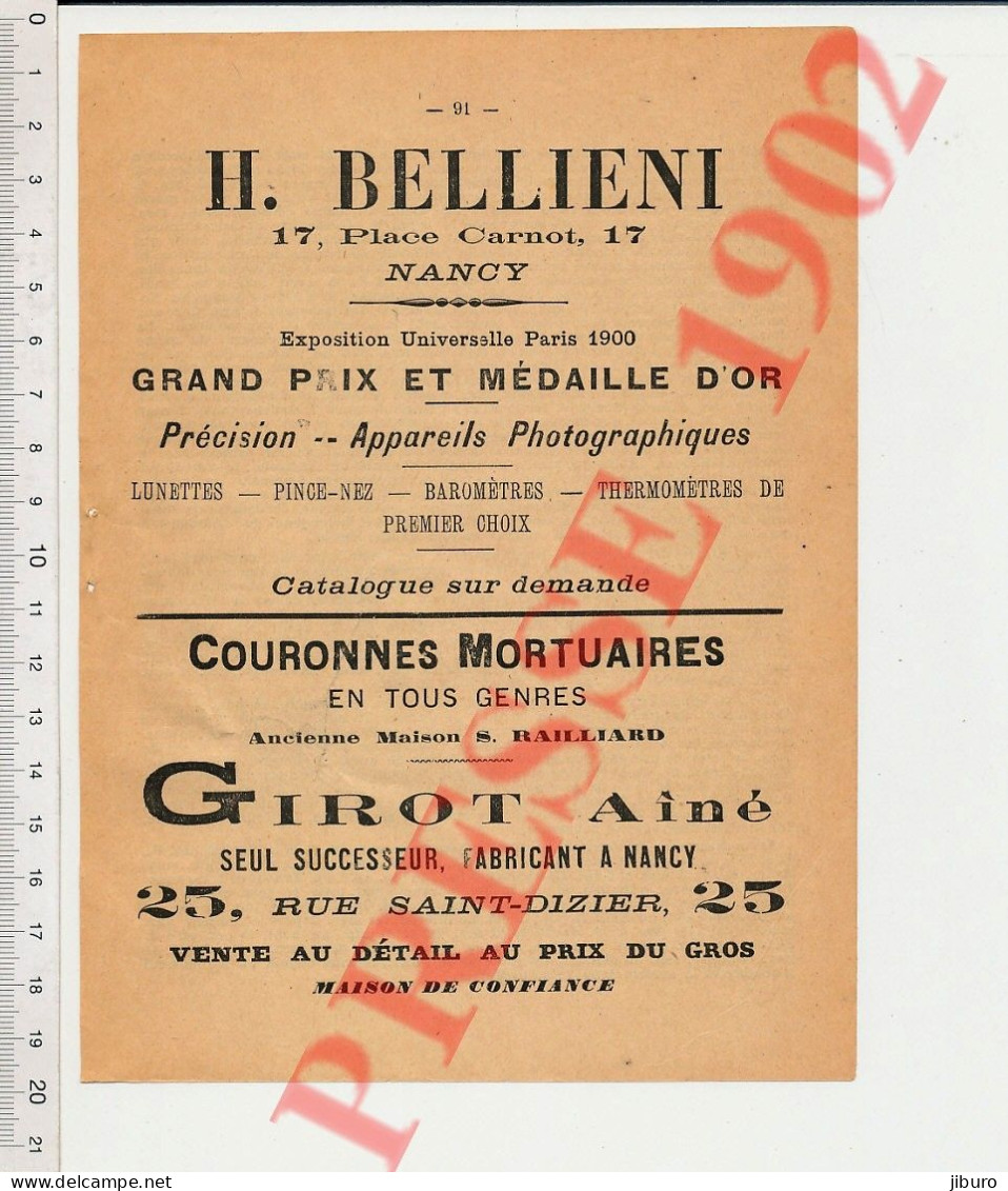 (en Mauvais état) Publicité 1902 Bellieni Nancy Couronnes Mortuaires Railliard Girot 25 Rue Saint-Dizier 249/36 - Zonder Classificatie