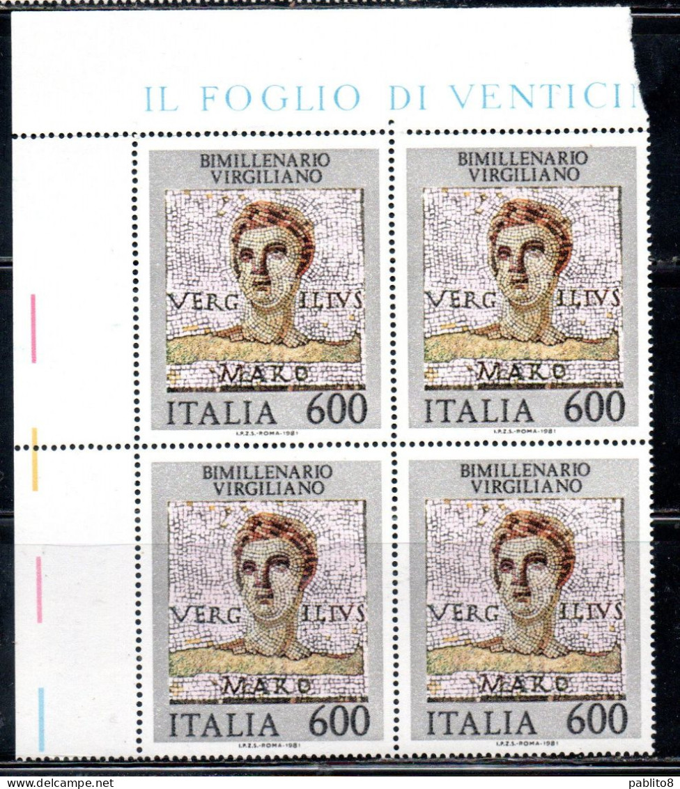 ITALIA REPUBBLICA ITALY REPUBLIC 1981 VIRGILIO BIMILLENARIO MORTE QUARTINA ANGOLO DI FOGLIO BLOCK MNH - 1981-90: Ungebraucht