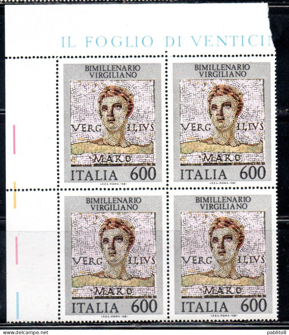ITALIA REPUBBLICA ITALY REPUBLIC 1981 VIRGILIO BIMILLENARIO MORTE QUARTINA ANGOLO DI FOGLIO BLOCK MNH - 1981-90: Mint/hinged