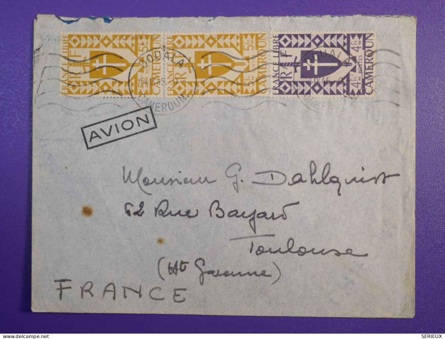 DL2  CAMEROUN  BELLE  LETTRE   1945   DOUALA  A  TOULOUSE    FRANCE  ++ PAIRE DE TP  ++ AFF. INTERESSANT+ - Covers & Documents