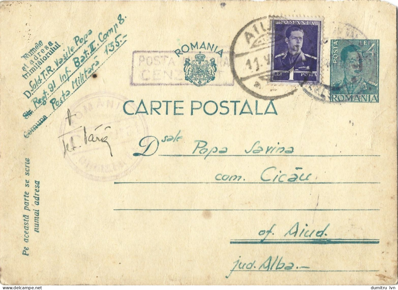 ROMANIA 1942 POSTCARD, MILITARY CENSORED, OPM 135, POSTCARD STATIONERY - Lettres 2ème Guerre Mondiale