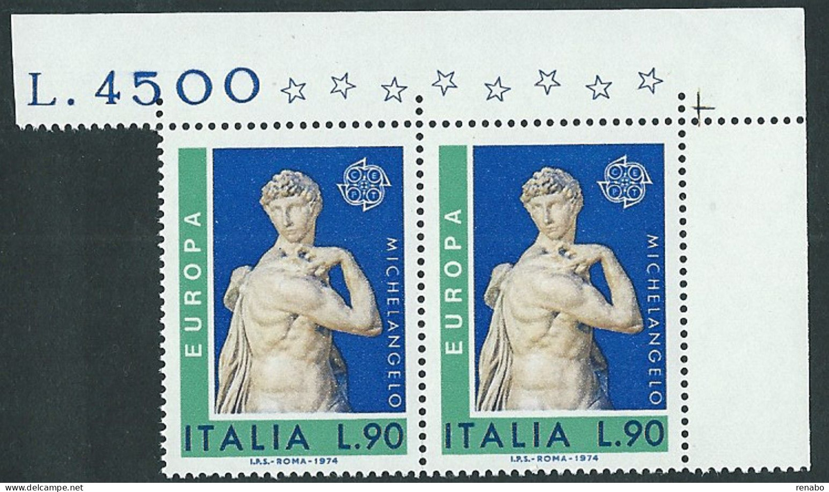 Italia 1974; EUROPA CEPT Lire 90 , Coppia Di Angolo Superiore. - 1971-80: Nieuw/plakker