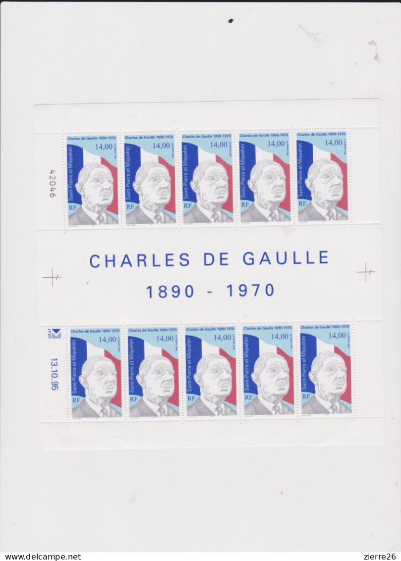 St Pierre Miquelon De Gaulle Feuille Entière Coin Daté Côte YT 54 Euros Port Offert - Neufs