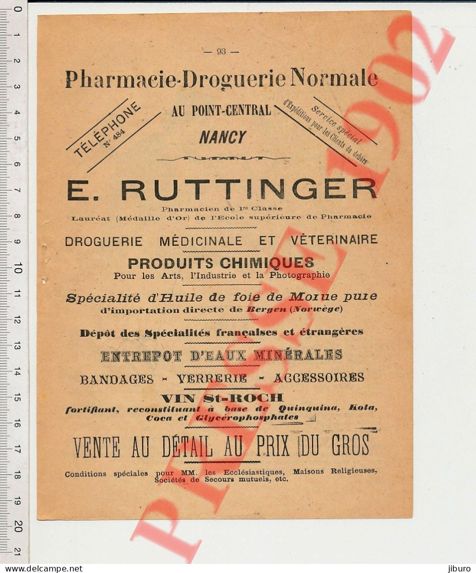 (en Mauvais état) 2 Vues Publicité 1902 Pharmacie Ruttinger Nancy Vin St-Roch Morue Bergen + Etrennes Concierge Humour - Unclassified