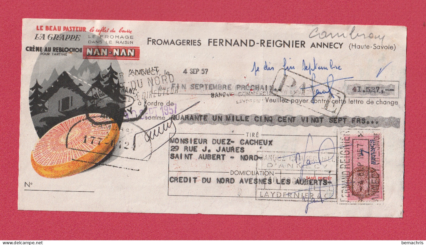 Lettre De Change FROMAGERIES FERNAND REIGNIER Annecy - Alimentare