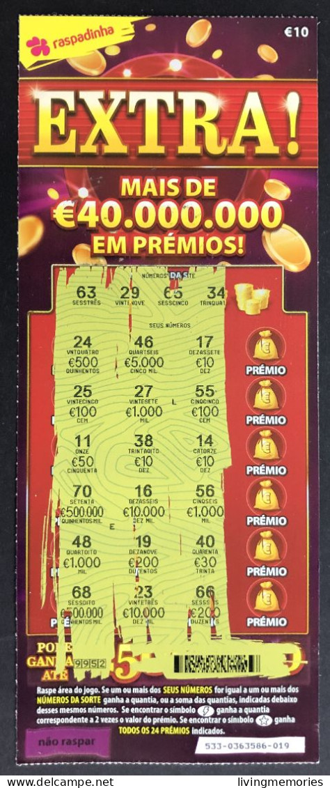 116 O, Lottery Ticket, Portugal, « Raspadinha », « Instant Lottery »,« EXTRA ! Mais De € 40.000.000 Em Prémios », Nº 533 - Lottery Tickets