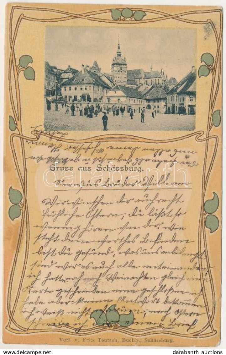 T3/T4 1902 Segesvár, Schässburg, Sighisoara; Tér, Girscht üzlete. Fritz Teutsch Kiadása. Szecessziós Virágos Litho Keret - Unclassified