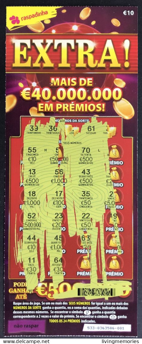 116 O, Lottery Ticket, Portugal, « Raspadinha », « Instant Lottery »,« EXTRA ! Mais De € 40.000.000 Em Prémios », Nº 533 - Lottery Tickets