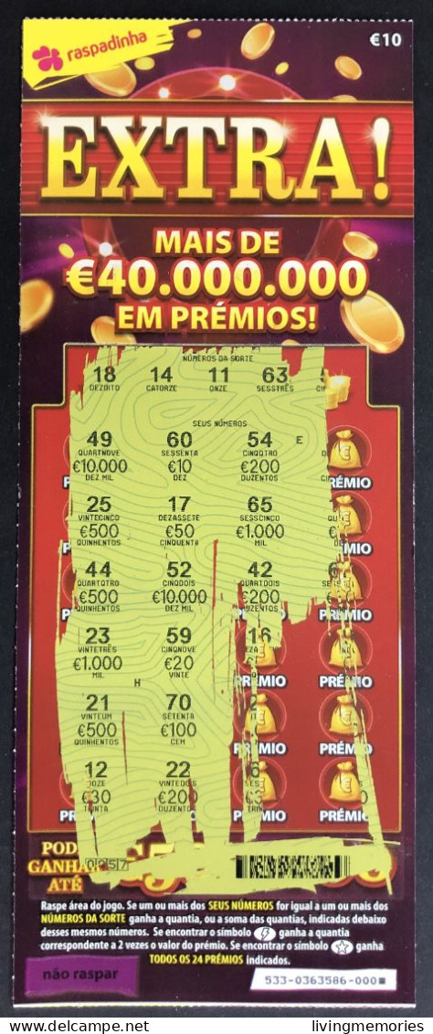 116 O, Lottery Ticket, Portugal, « Raspadinha », « Instant Lottery »,« EXTRA ! Mais De € 40.000.000 Em Prémios », Nº 533 - Lottery Tickets