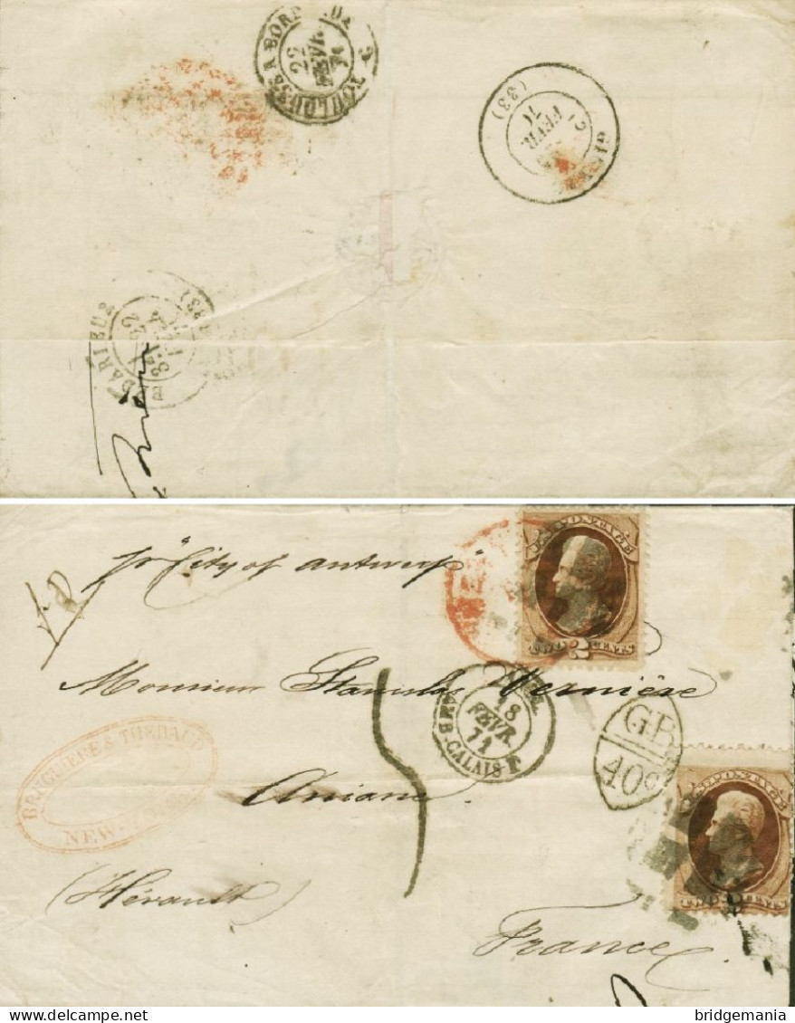 MTM113 - 1871 TRANSATLANTIC LETTER USA TO FRANCE Steamer CITY OF ANTWERP - PAID ONLY TO UK - Marcophilie