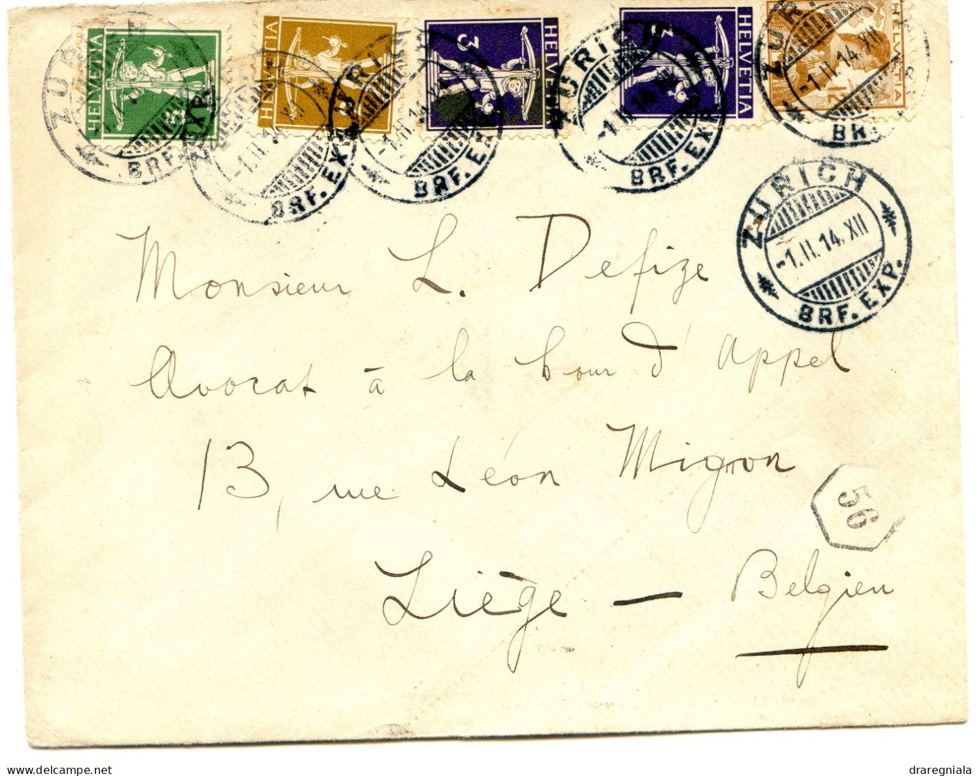 Lettre Avec Cachet De Zurich 1 II 14 Pour Liège Belgique - Fils De Tell N°123 124 125 Helvétia 121 - Covers & Documents