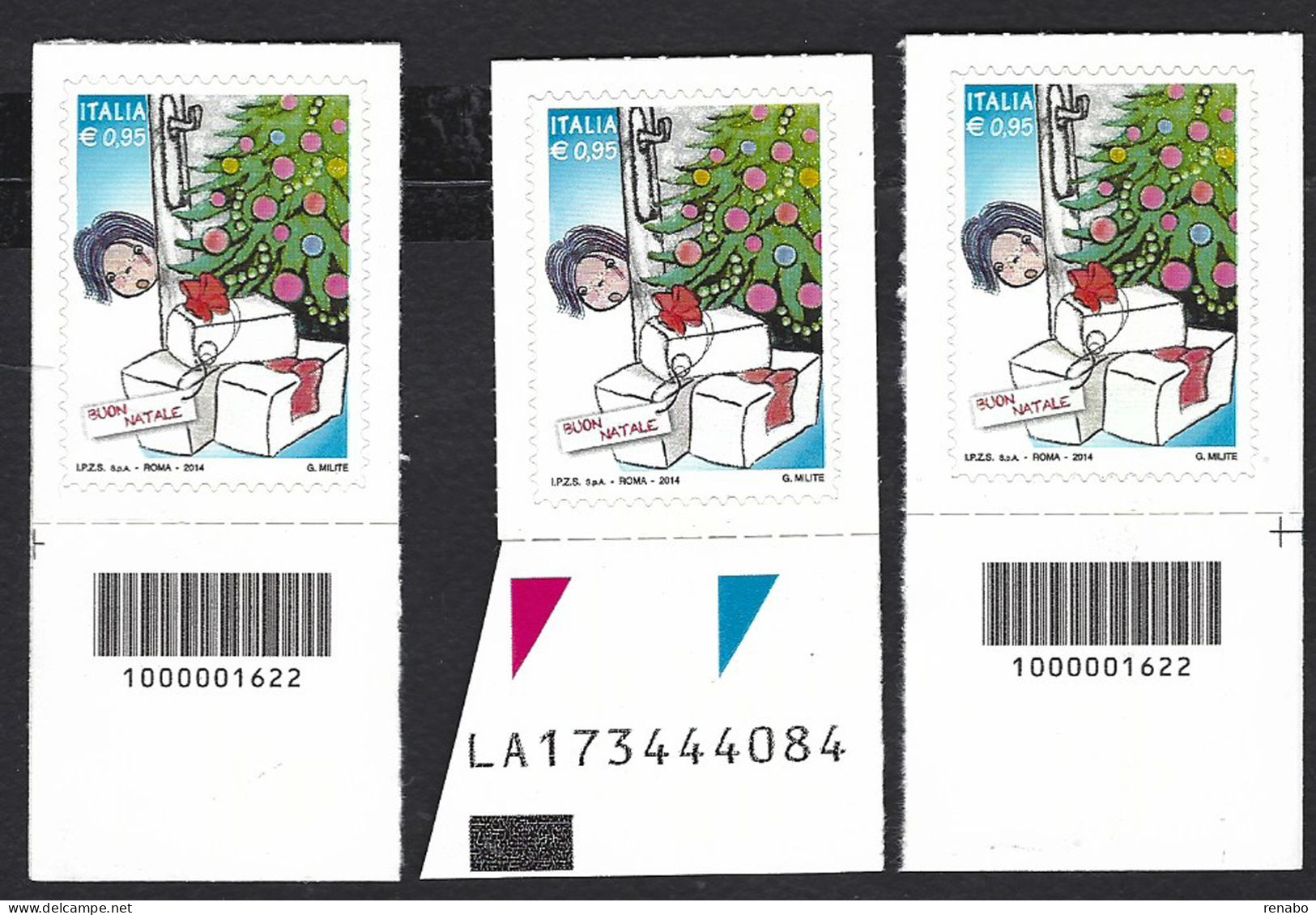 Italia 2014; Natale Laico Da € 0,95; 2 Francobolli A Barre Opposte + Alfanumerico. - Bar Codes