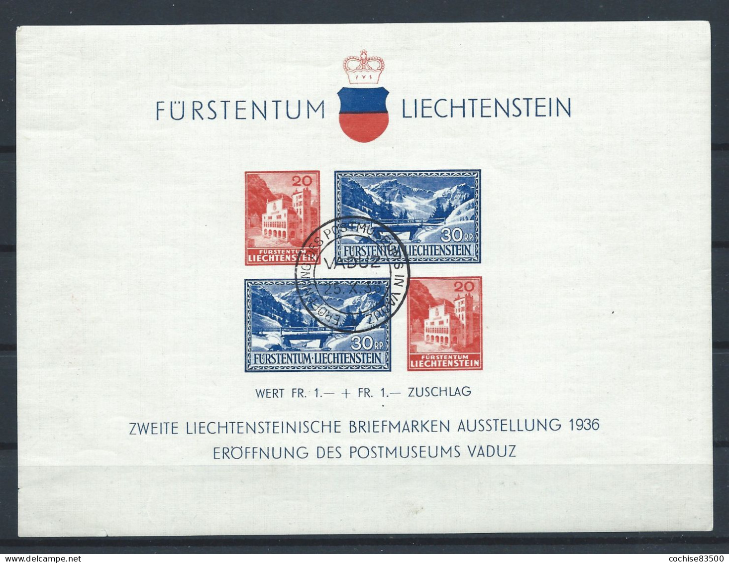 Liechtenstein Bloc N°2 Obl (FU) 1936 - Inauguration Du Musée De Vaduz - Blocs & Feuillets