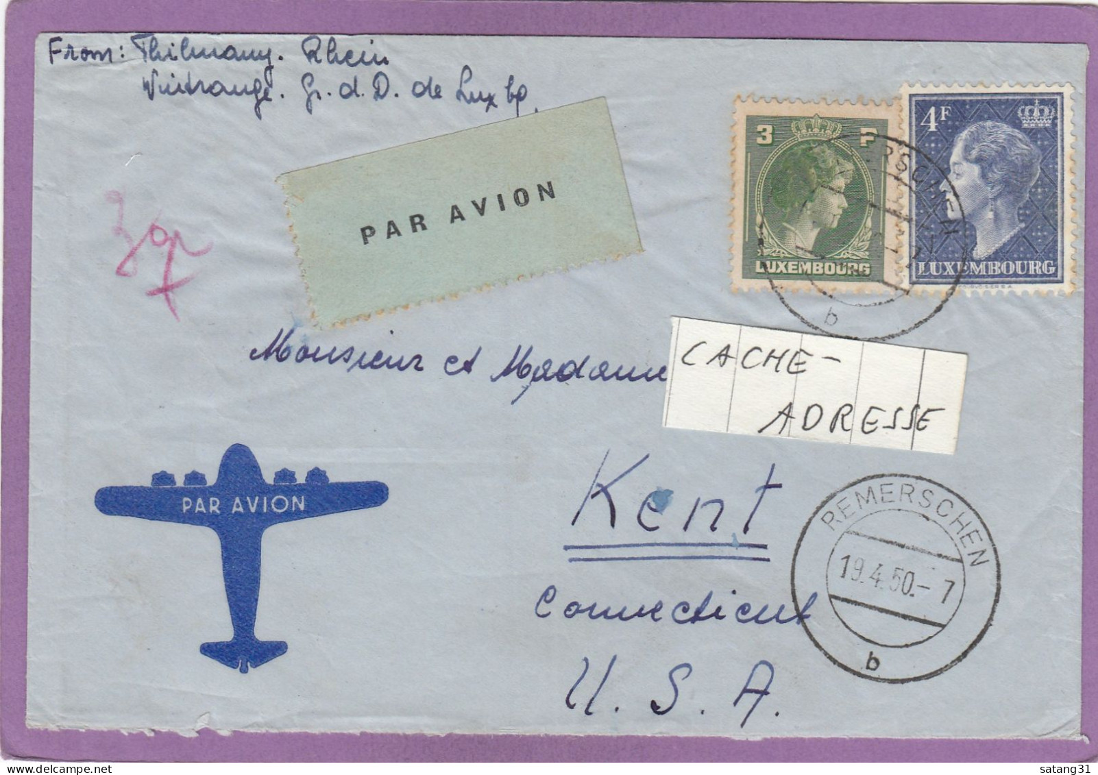 LETTRE DE 3 GRS.PAR AVION DE REMERSCHEN POUR KENT,U.S.A.,1950. - Briefe U. Dokumente