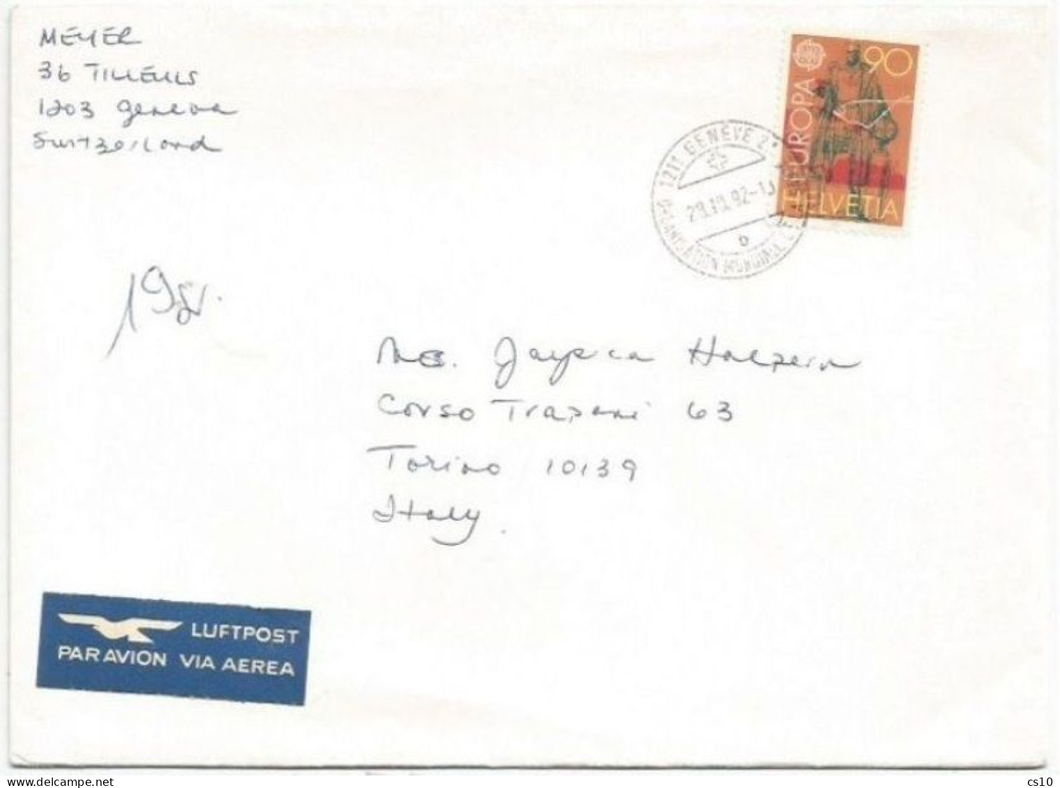 Suisse WHO-OMS Bureau In Geneve With Europa CEPT 1992 C.90 Solo Franking AiMail CV 28oct1992 To Italy - Postmark Collection