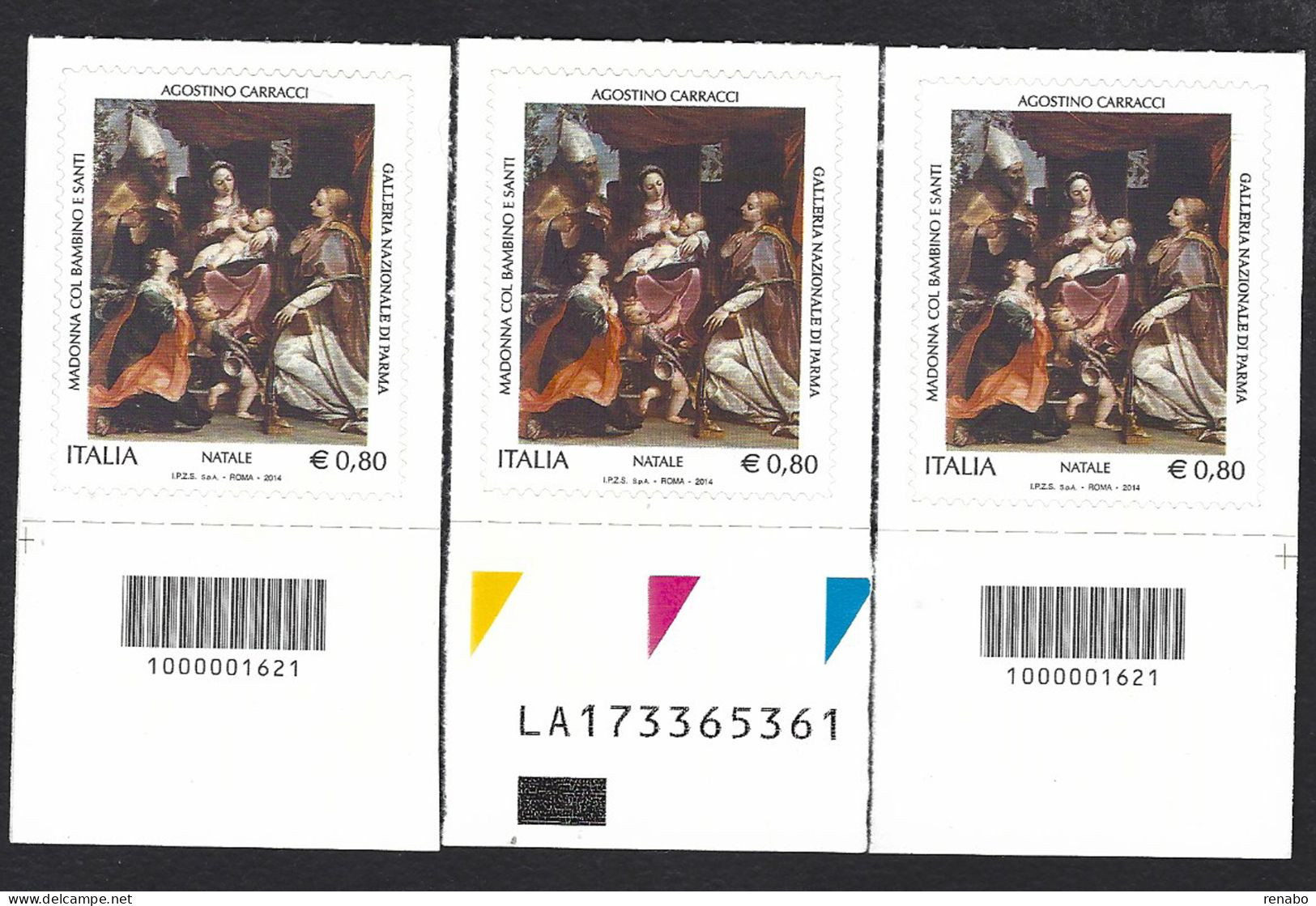 Italia 2014; Natale Religioso Da € 0,80 : 2 Francobolli A Barre Opposte + Alfanumerico. - Bar-code