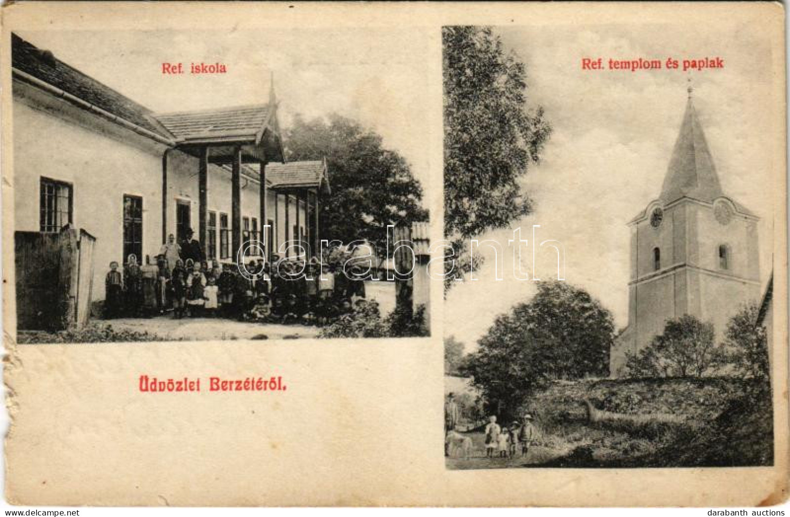 T3 1918 Berzéte, Brzotín; Református Templom, Paplak és Iskola / Calvinist Church, Rectory And School (szakadás / Tear) - Unclassified