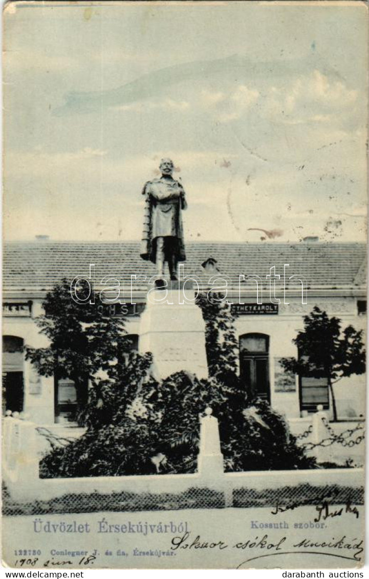 T3 1908 Érsekújvár, Nové Zámky; Kossuth Lajos Szobor, üzletek. Conlegner J. és Fia Kiadása / Statue, Monument, Shops (ko - Ohne Zuordnung