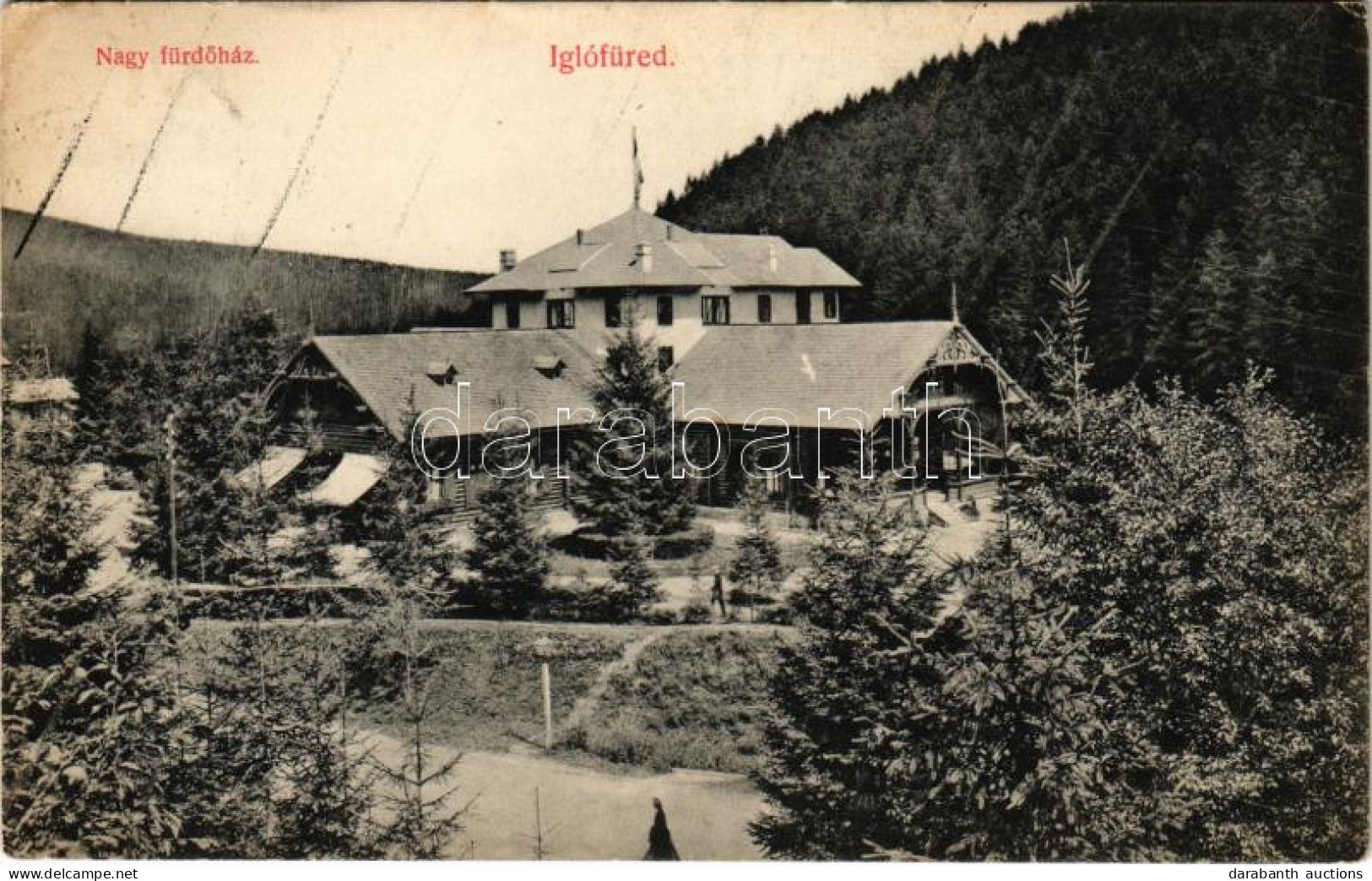 * T2/T3 1912 Iglófüred, Spisská Nová Ves Kupele, Novovesské Kúpele; Nagy Fürdőház. Ferencz D. Kiadása / Bathhouse (EK) - Unclassified