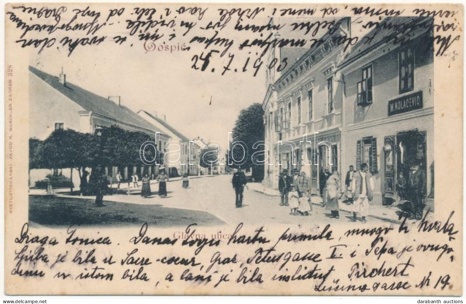 T2/T3 1903 Goszpics, Gospic; Glavna Ulica / Fő Utca, M. Kolacevic üzlete / Main Street, Shops (EK) - Sin Clasificación