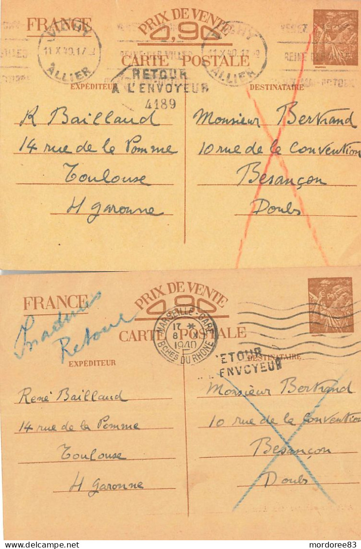 2 ENTIER IRIS CP MARSEILLE ET VICHY 1940 INADMIS AVEC RETOUR A L ENVOYEUR BESANCON - Standard Postcards & Stamped On Demand (before 1995)