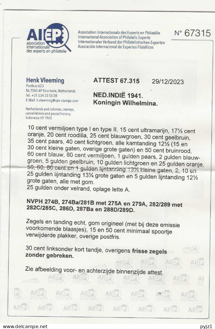 1941 MNH Nederlands Indië. NVPH 274-89 Postfris** With Recent And Old Certificate - Indes Néerlandaises