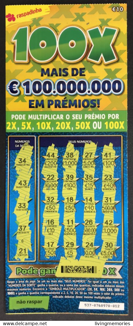 116 O, PORTUGAL, Lottery Ticket« Raspadinha », « Instant Lottery », « 100 X Mais De €100.000.000 ... », Nº 537 - Lottery Tickets