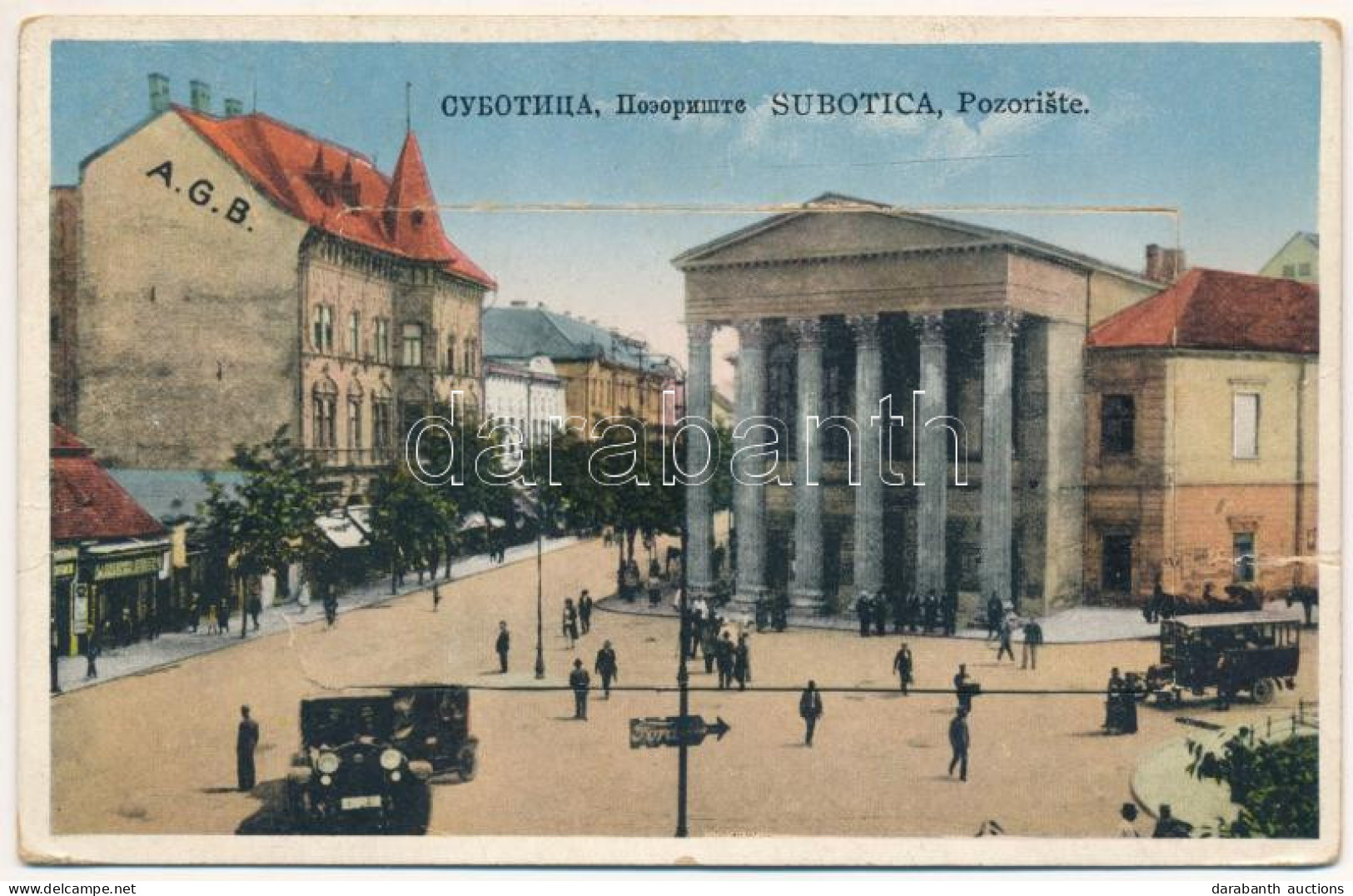 T3 1941 Szabadka, Subotica; Nemzeti Színház, üzletek, A. G. B., Automobilok. Leporellolap 10 Kis Képpel / Theater, Shops - Unclassified