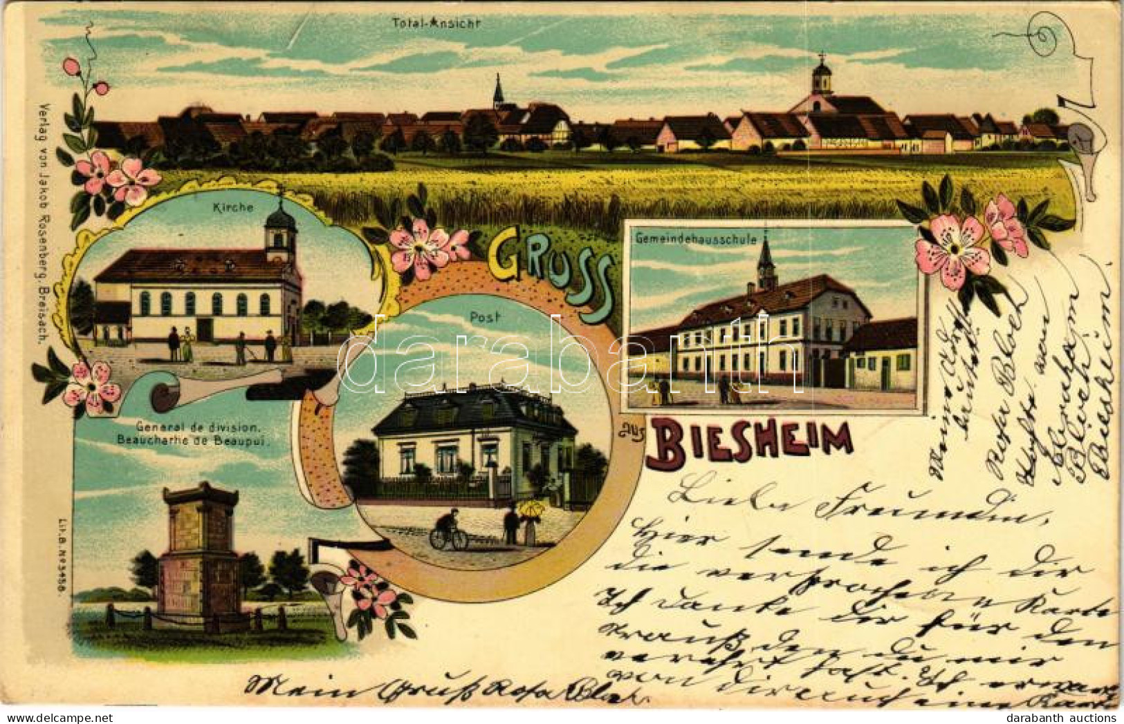 T2/T3 1903 Biesheim, Biese; General De Division. Beauchartie De Beaupui, Kirche, Post, Total Ansicht, Gemeindehausschule - Ohne Zuordnung