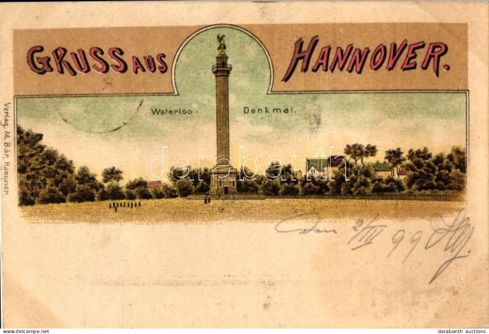 * T4 1899 Hannover, Waterloo-Denkmal, Verlag M. Bär / Monument (levágott / Cut) - Non Classificati