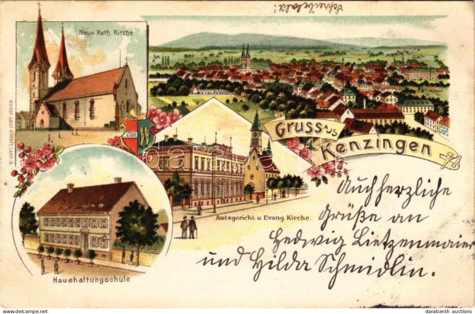 T2/T3 1906 Kenzingen, Haushaltungschule, Neue Kath. Kirche, Amtsgericht U. Evang. Kirche / School, New Catholic Church,  - Unclassified