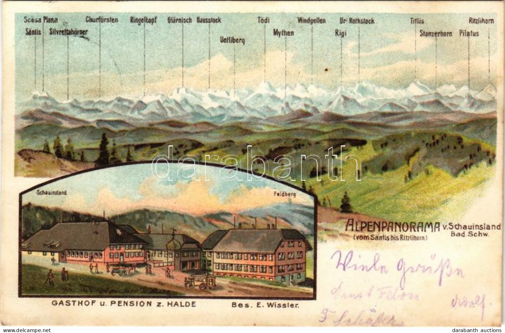 T2/T3 1907 Schauinsland Bad Schwarzwald, Alpenpanorama Vom Säntis Bis Ritzlihorn, Gasthaus U. Pension Z. Halde Bes. E. W - Non Classés