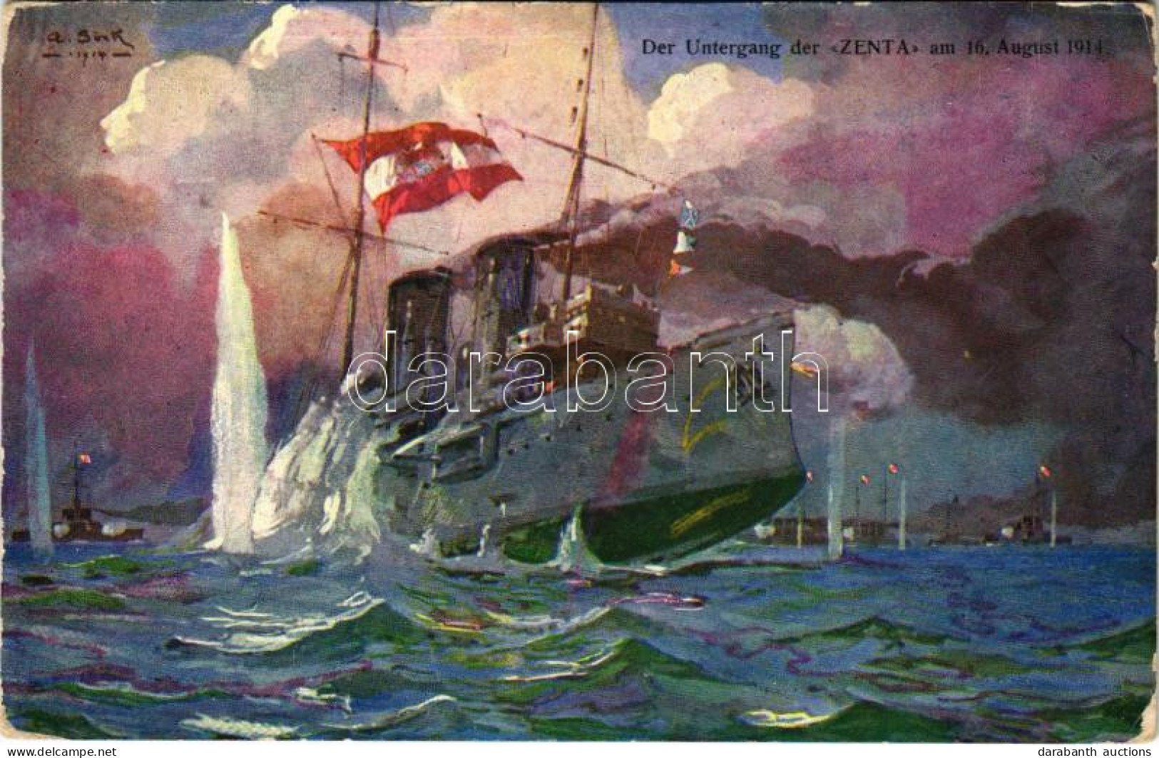 T3 1915 Der Untergang Der "ZENTA" Am 16. August 1914. Offizielle Karte Für Rotes Kreuz, Kriegsfürsorgeamt, Kriegshilfsbü - Non Classés