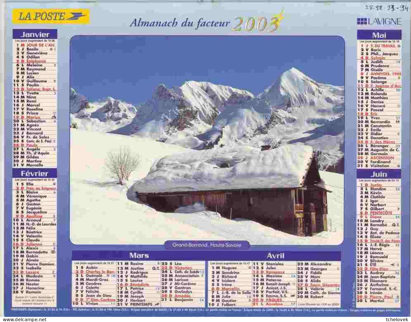 (Divers). Calendriers Almanach Lavigne Du Facteur 2003 Departement 75, 92, 93,94 - Big : 2001-...