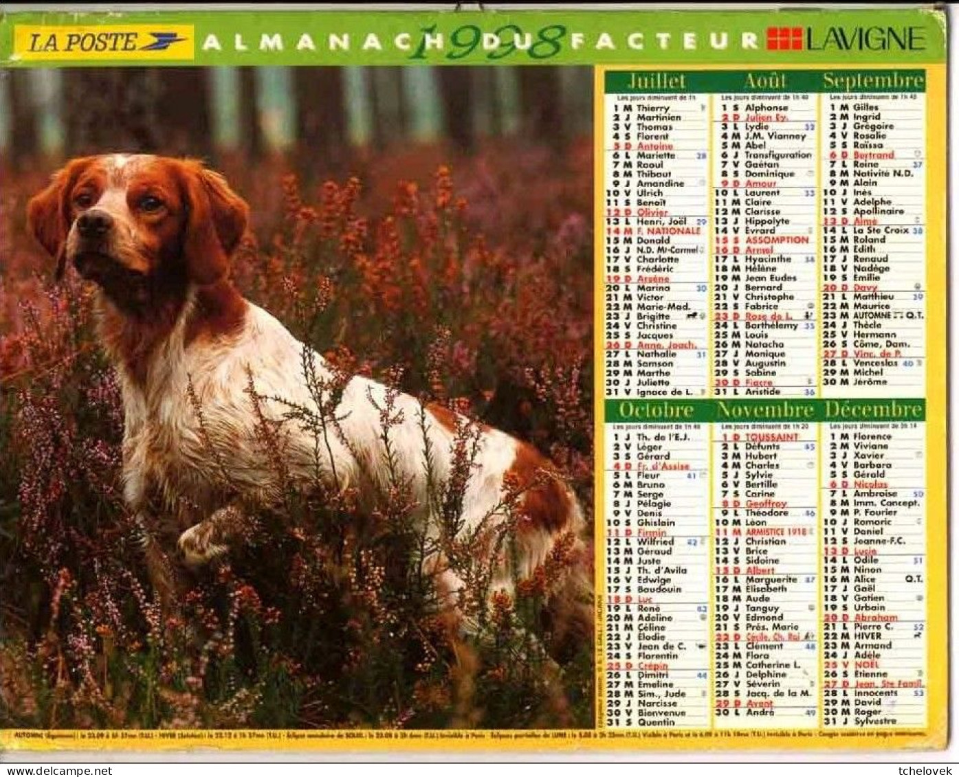 (Divers). Calendriers Almanach Lavigne Du Facteur 1998 Departement 80 Somme Theme Chien  Petite Dechirure & 2003 - Big : 1991-00